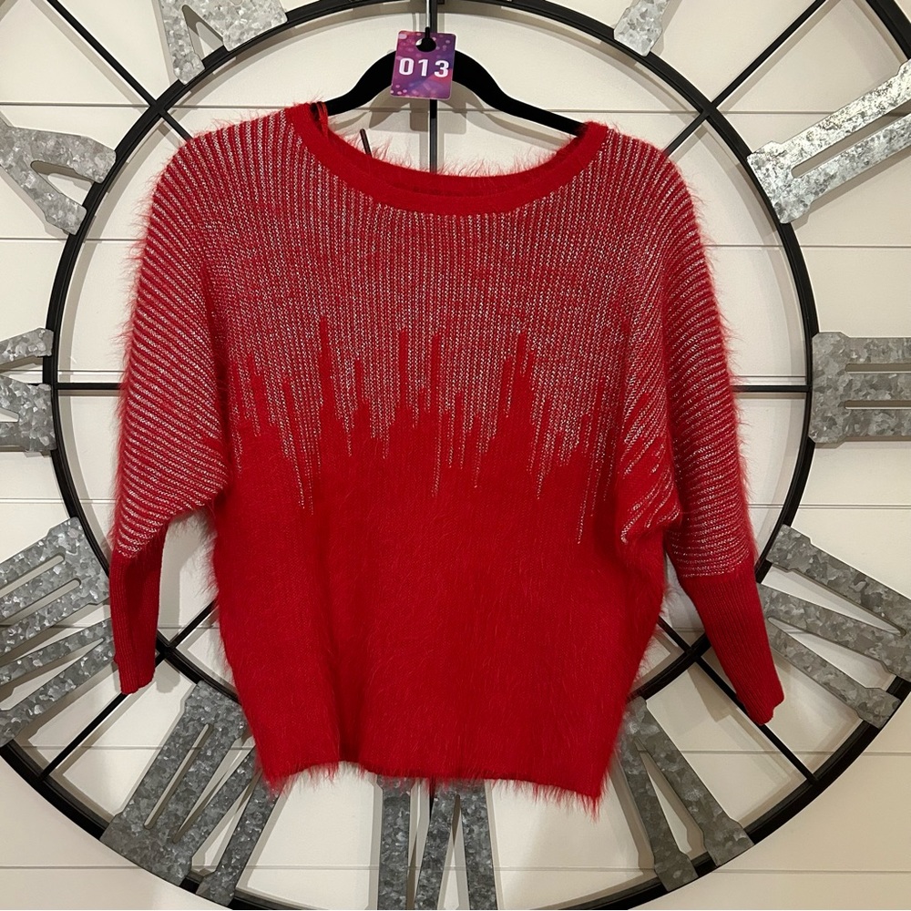013 JLo Red Angora With Silver Sweater